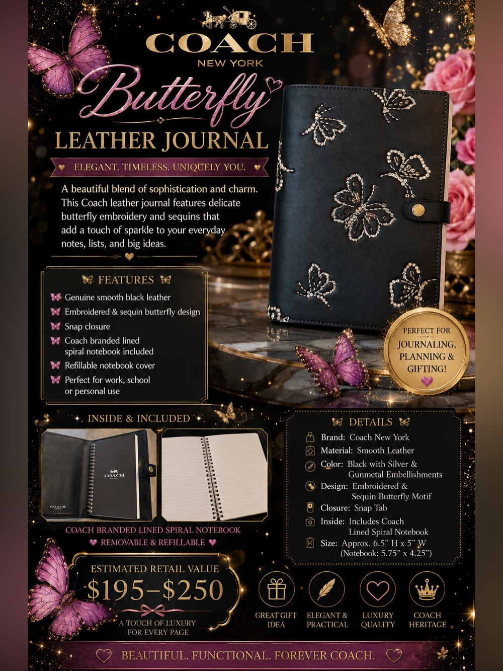 Coach Black Leather Butterfly Embroidered Sequin Journal Cover with notebook